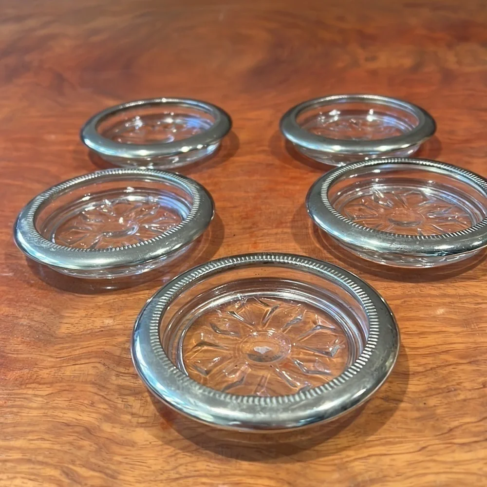 Set of 5 Silver Plated Crystal Glass Coasters